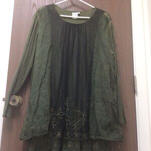 Parsley & Sage Olive tunic swing top 100% rayon, embroidered lace trim, sz XL
